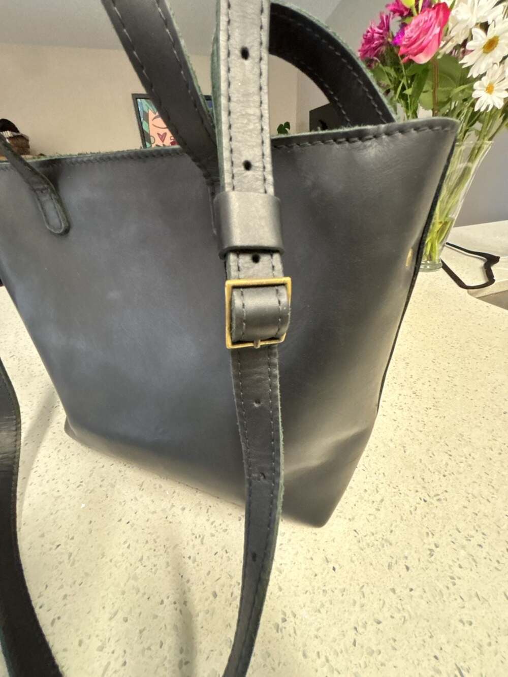 Black Leather Crossbody Tote Bag - Minimalist Everyday Style - Picture 8 of 13